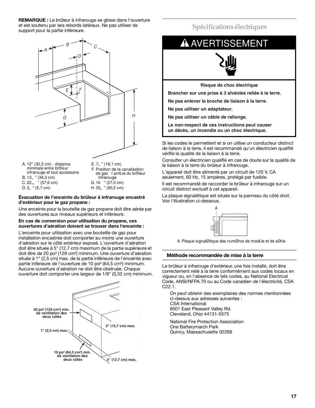 KitchenAid KBEU121T installation instructions Spécificationsélectriques, Méthode recommandée de mise à la terre 