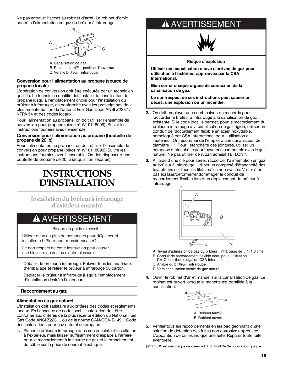 KitchenAid KBEU121T Instructions Dinstallation, Installation dubrûleurà infrarouge Dextérieurencastré 