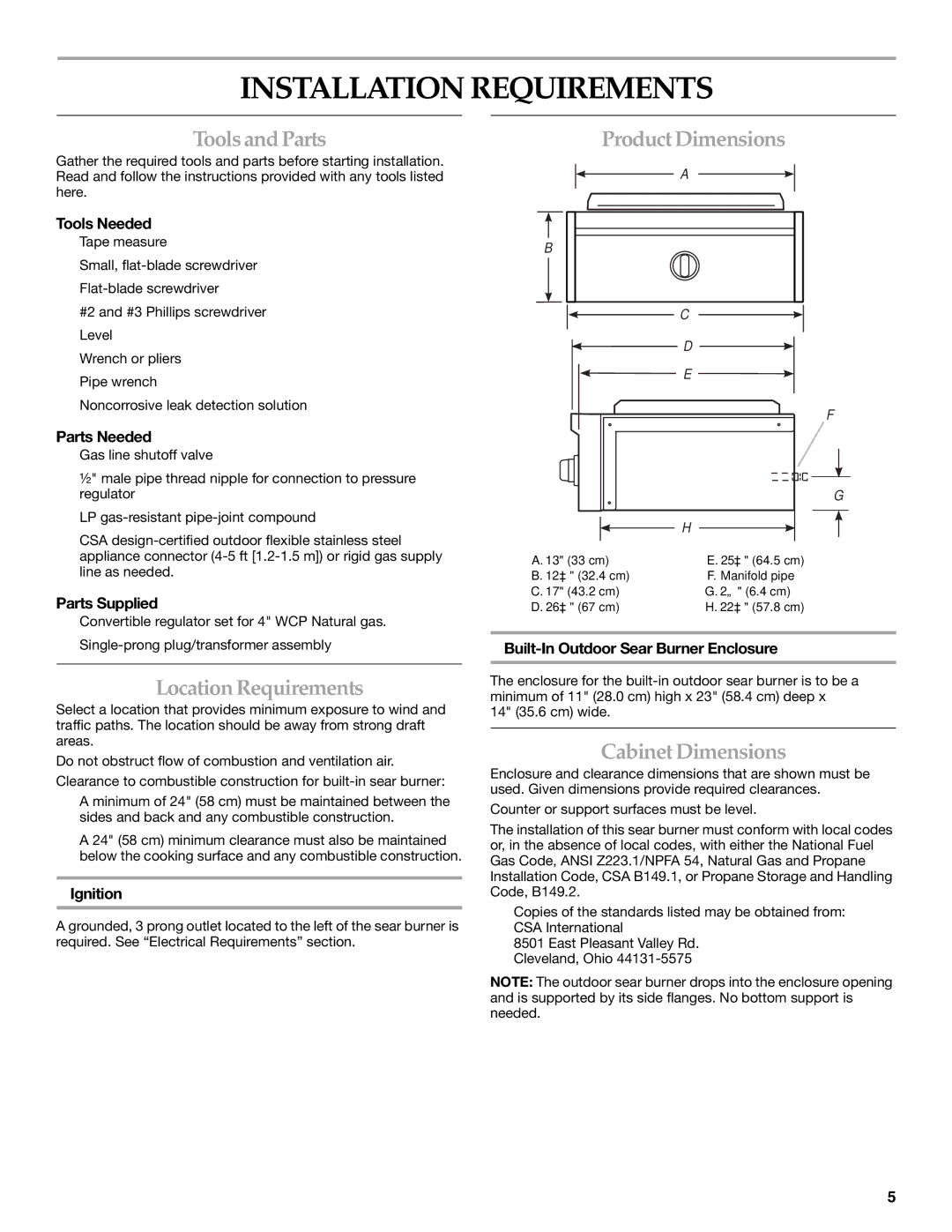 KitchenAid KBEU121T Installation Requirements, ToolsandParts, ProductDimensions, LocationRequirements, CabinetDimensions 