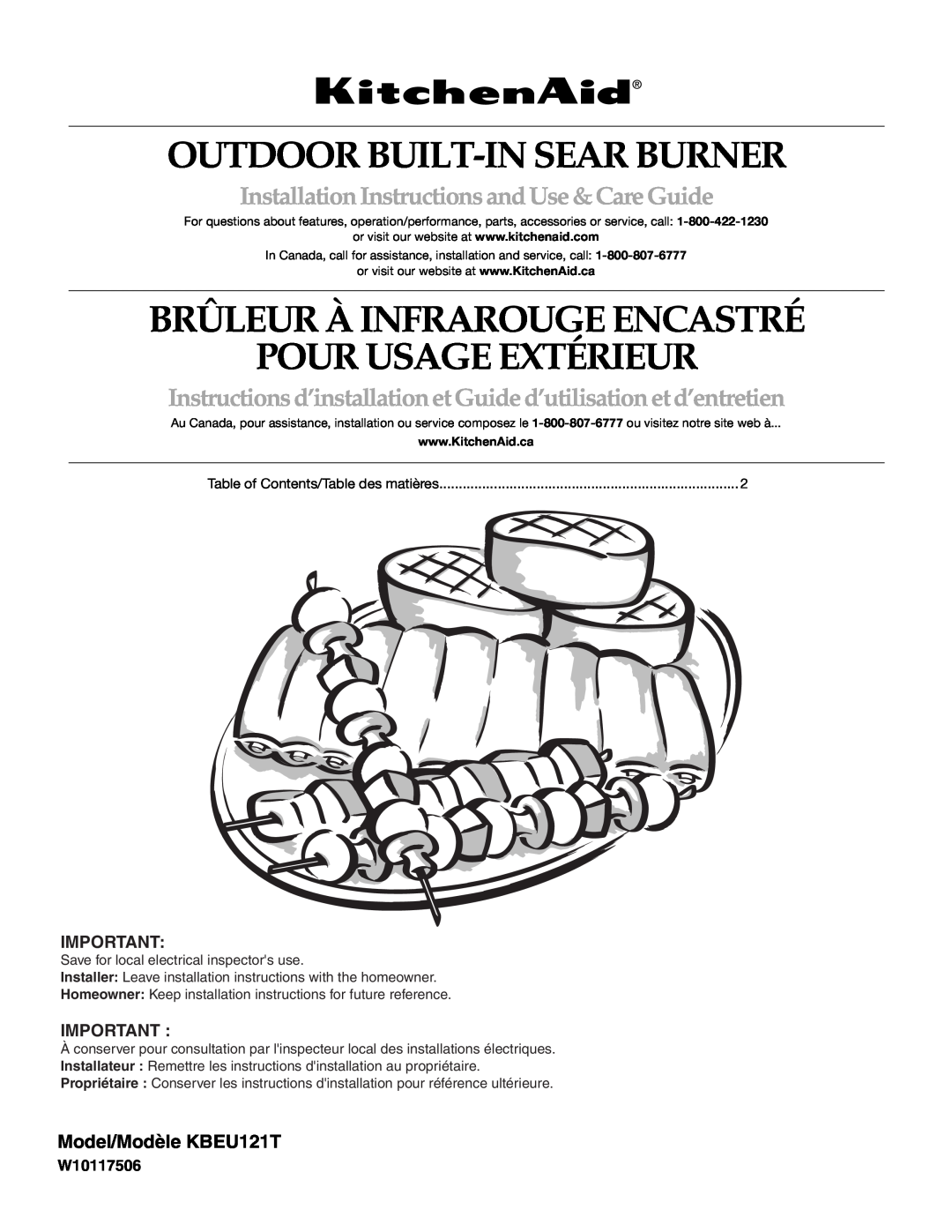 KitchenAid KBEU121T installation instructions Outdoor Built-Insear Burner, Brûleur À Infrarouge Encastré, W10117506 