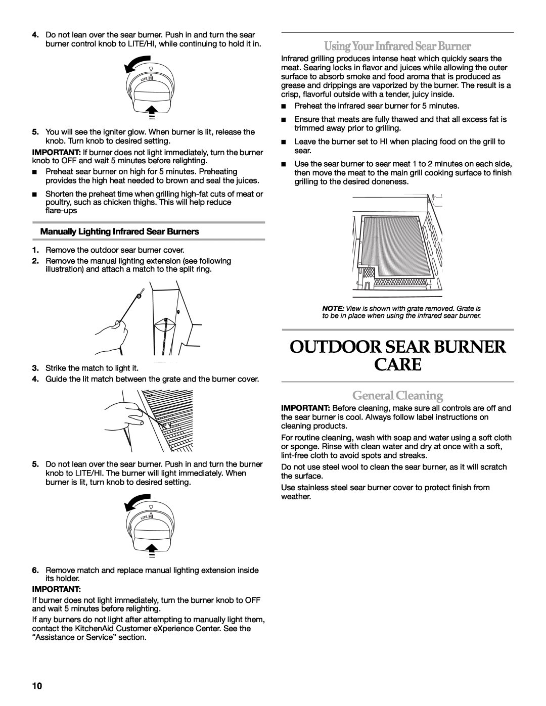 KitchenAid KBEU121T installation instructions Outdoor Sear Burner Care, UsingYourInfraredSearBurner, GeneralCleaning 