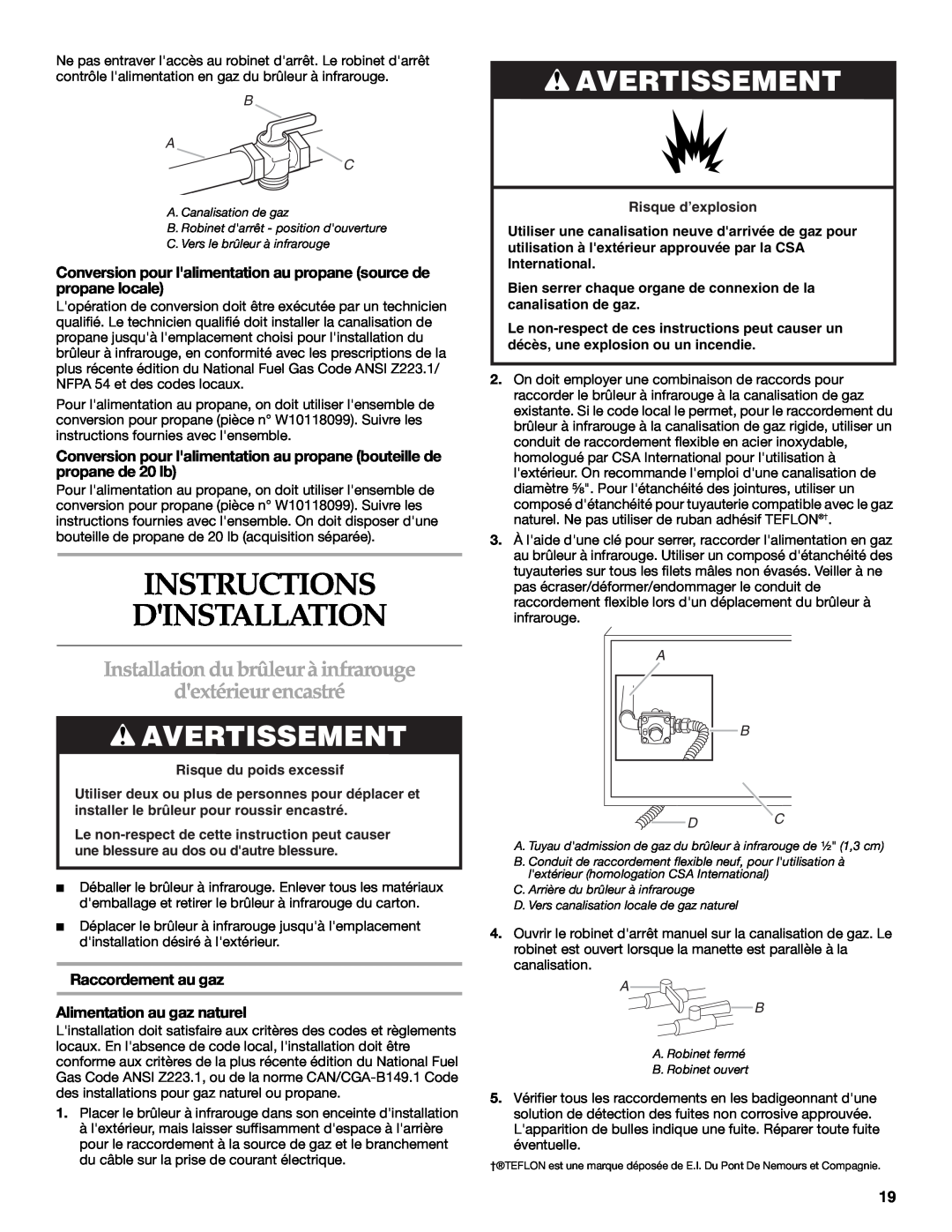 KitchenAid KBEU121T Instructions Dinstallation, Installation dubrûleurà infrarouge, dextérieurencastré, Avertissement 