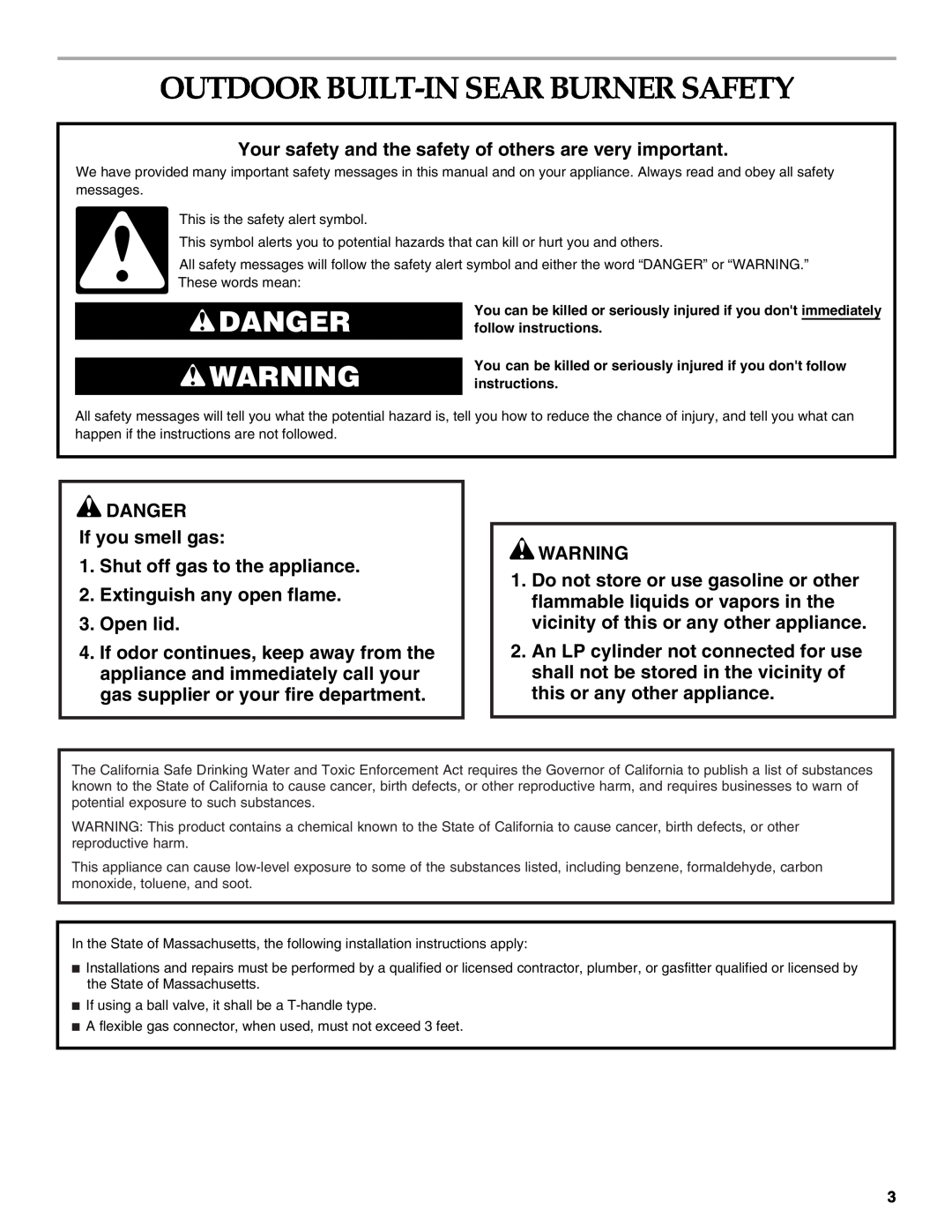 KitchenAid KBEU121T installation instructions Outdoor Built-Insear Burner Safety, Danger 