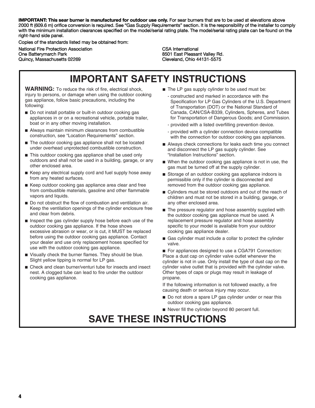 KitchenAid KBEU121T Important Safety Instructions, Save These Instructions, National Fire Protection Association 