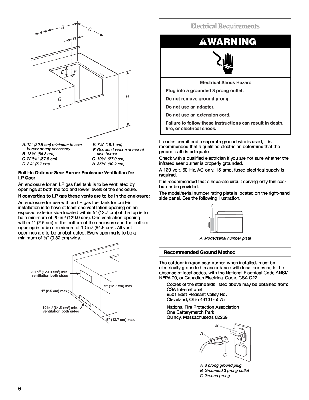 KitchenAid KBEU121T installation instructions ElectricalRequirements, Recommended Ground Method, B A D E F G, B A C 