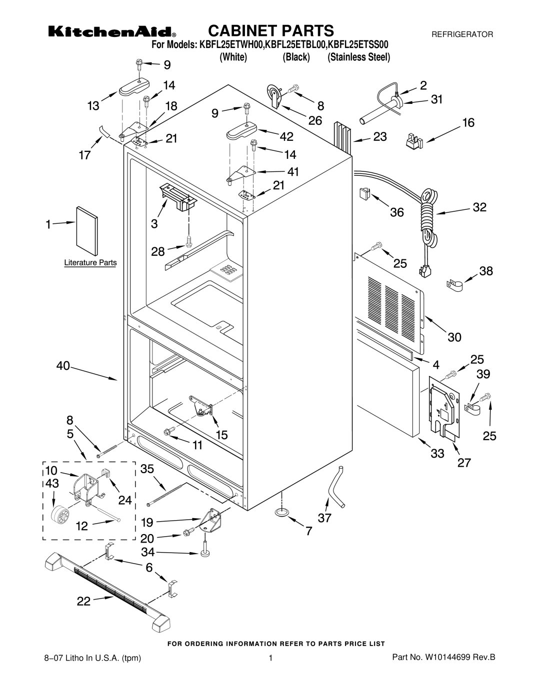 KitchenAid KBFL25ETBL00, KBFL25ETWH00, KBFL25ETSS00 manual Cabinet Parts 