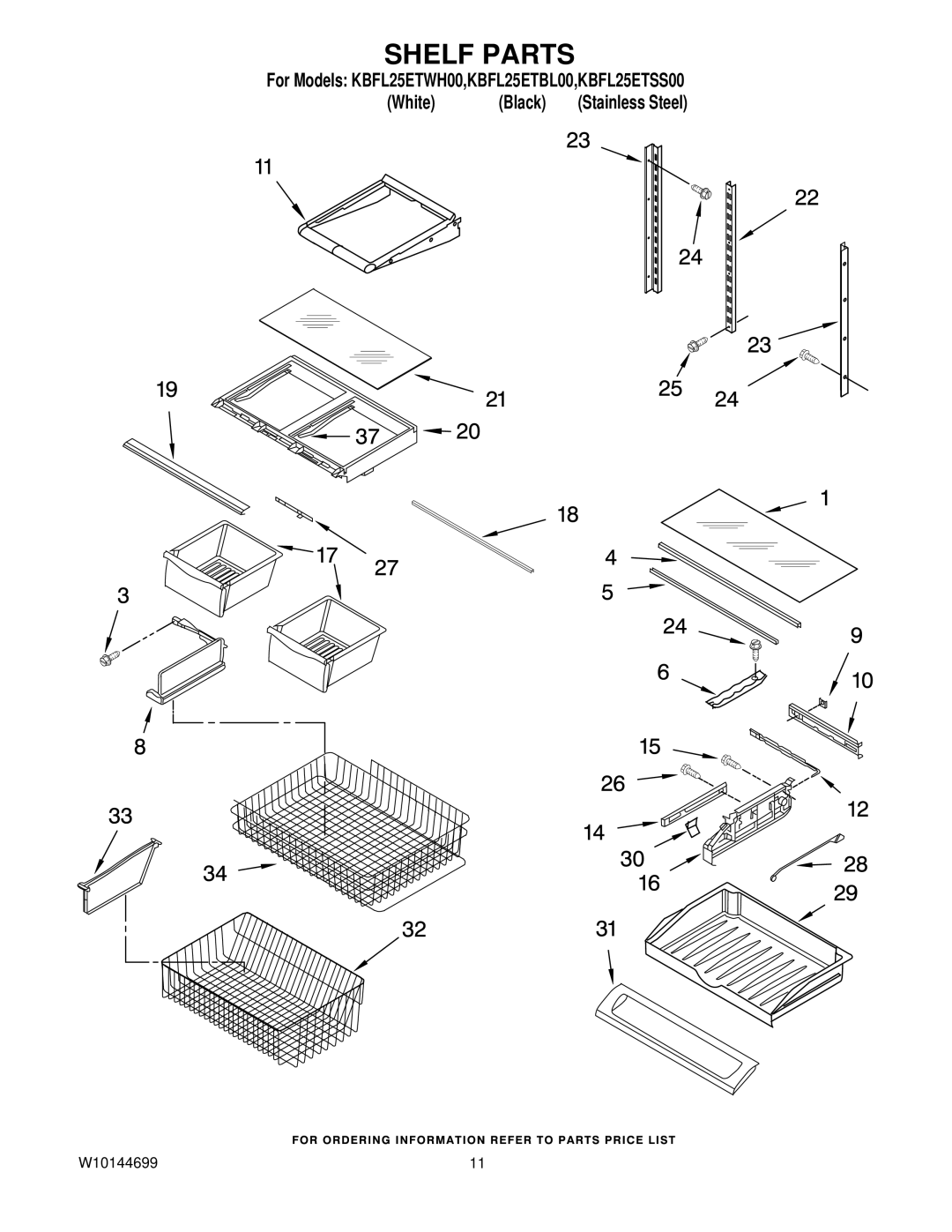 KitchenAid KBFL25ETSS00, KBFL25ETWH00, KBFL25ETBL00 manual Shelf Parts 