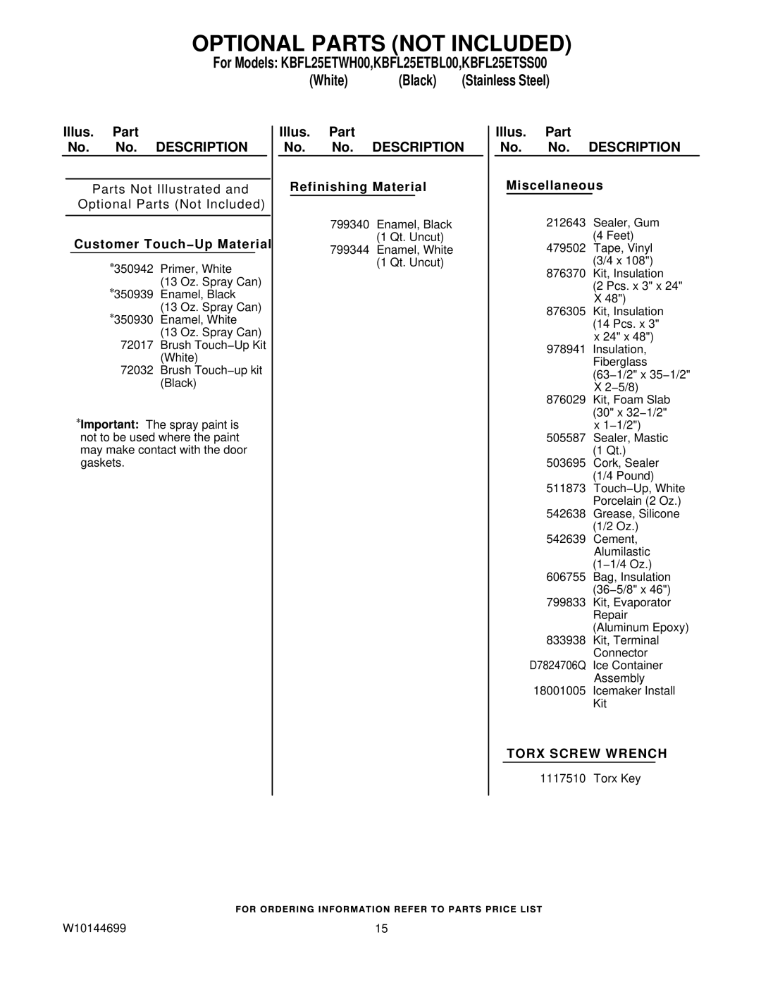 KitchenAid KBFL25ETWH00, KBFL25ETBL00, KBFL25ETSS00 manual Optional Parts not Included, Customer Touch−Up Material 