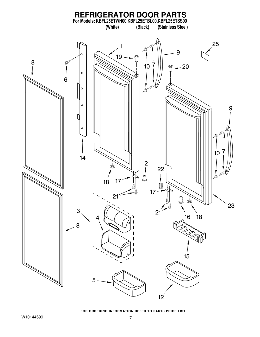 KitchenAid KBFL25ETBL00, KBFL25ETWH00, KBFL25ETSS00 manual Refrigerator Door Parts 