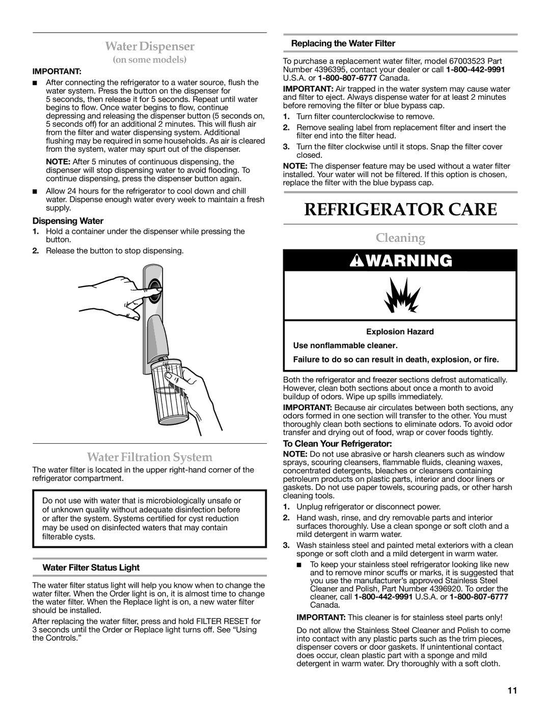 KitchenAid KBFL25EVMS installation instructions Refrigerator Care, Water Dispenser, Water Filtration System, Cleaning 