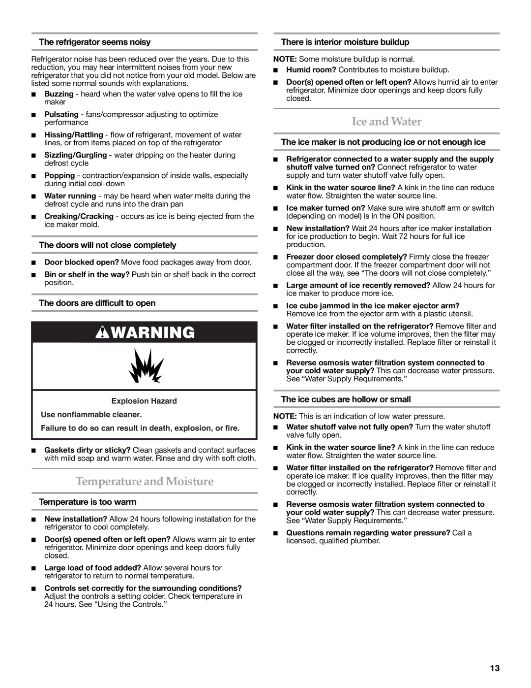 KitchenAid KBFL25EVMS installation instructions Temperature and Moisture, Ice and Water 