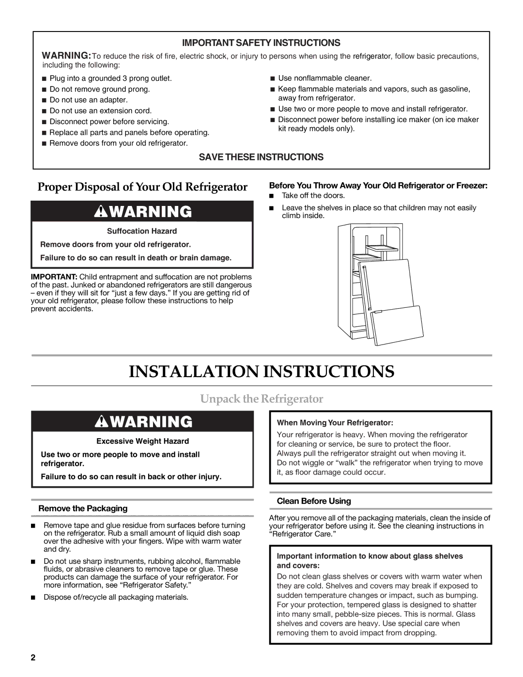 KitchenAid KBFL25EVMS Installation Instructions, Unpack the Refrigerator, Remove the Packaging, Clean Before Using 