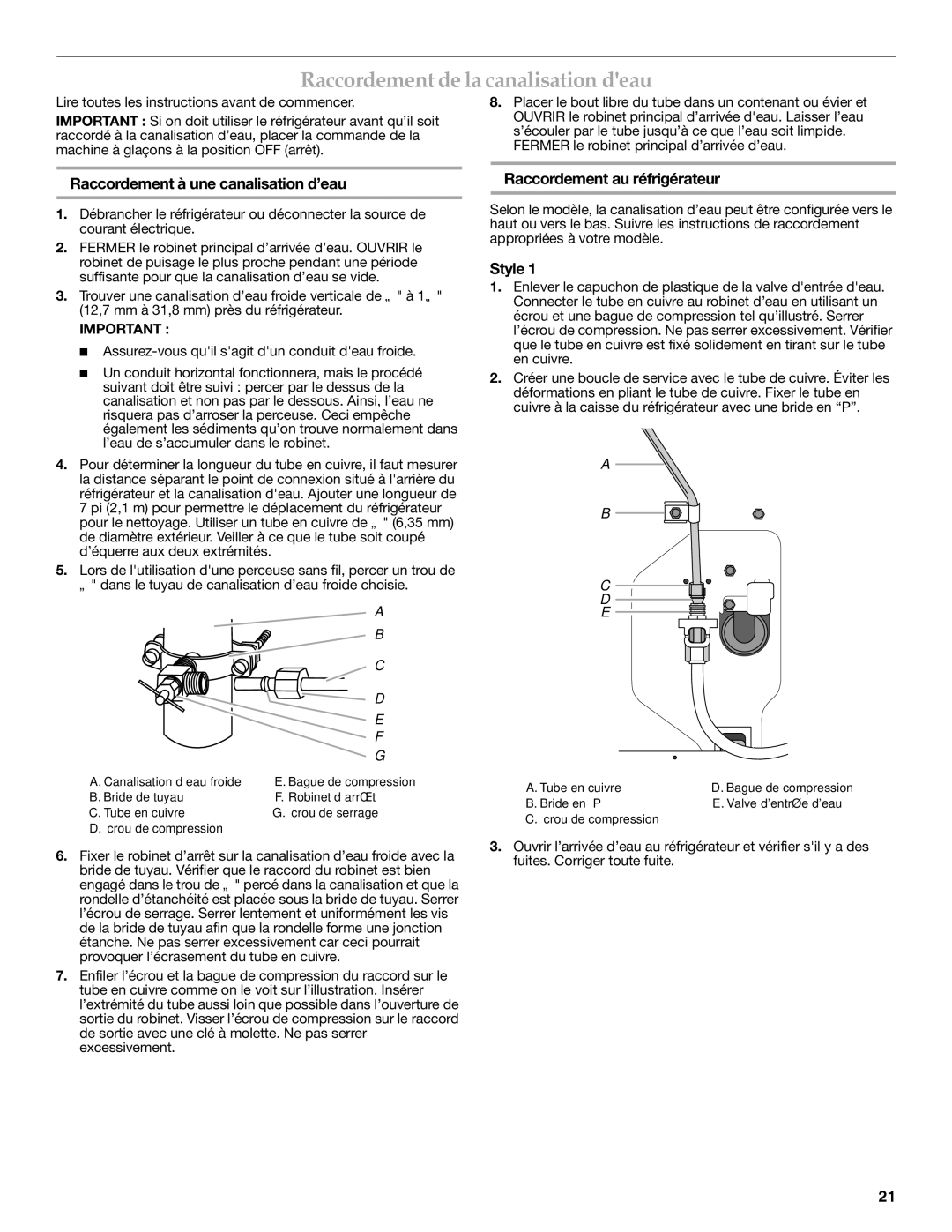 KitchenAid KBFL25EVMS installation instructions Raccordement de la canalisation deau, Raccordement à une canalisation d’eau 