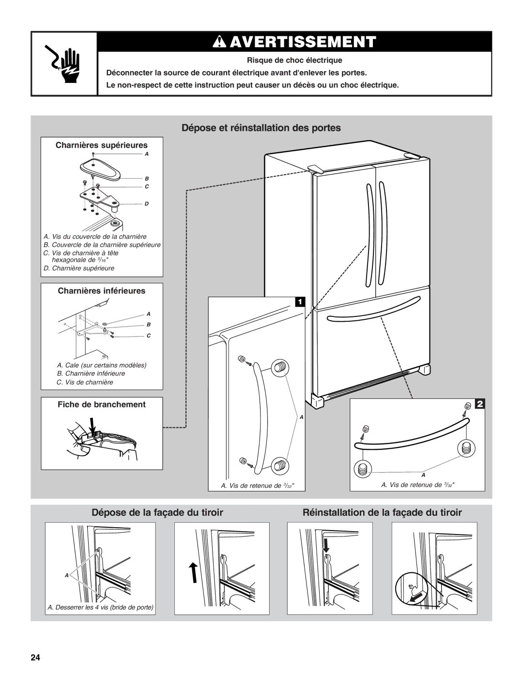 KitchenAid KBFL25EVMS installation instructions Dépose et réinstallation des portes 