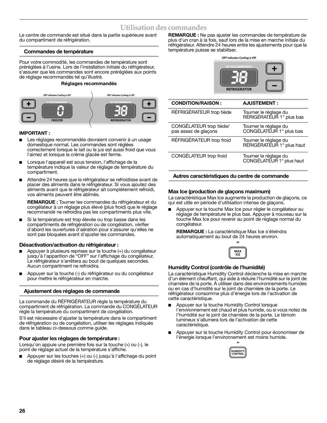 KitchenAid KBFL25EVMS installation instructions Utilisation des commandes 