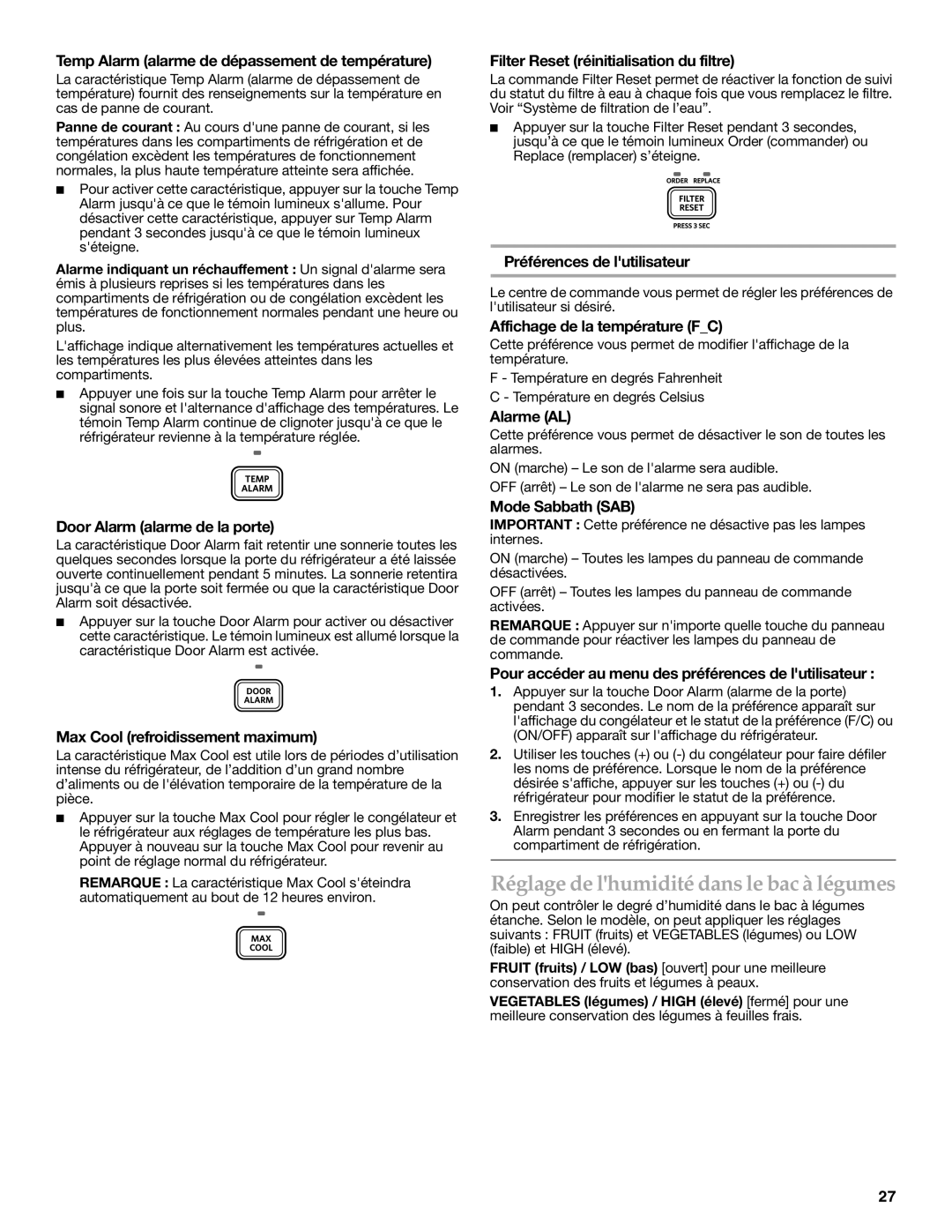 KitchenAid KBFL25EVMS installation instructions Réglage de lhumidité dans le bac à légumes 