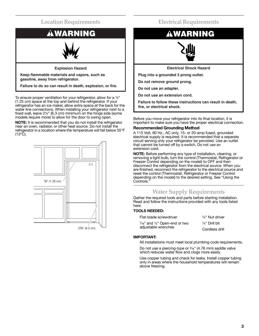 KitchenAid KBFL25EVMS Location Requirements, Electrical Requirements, Water Supply Requirements, Tools Needed 