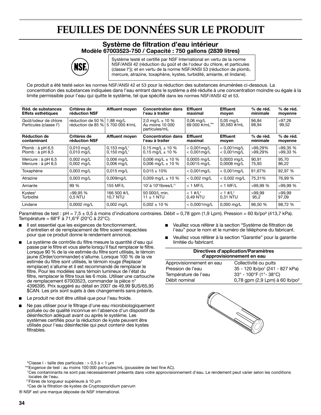 KitchenAid KBFL25EVMS installation instructions Feuilles DE Données SUR LE Produit, Système de filtration d’eau intérieur 