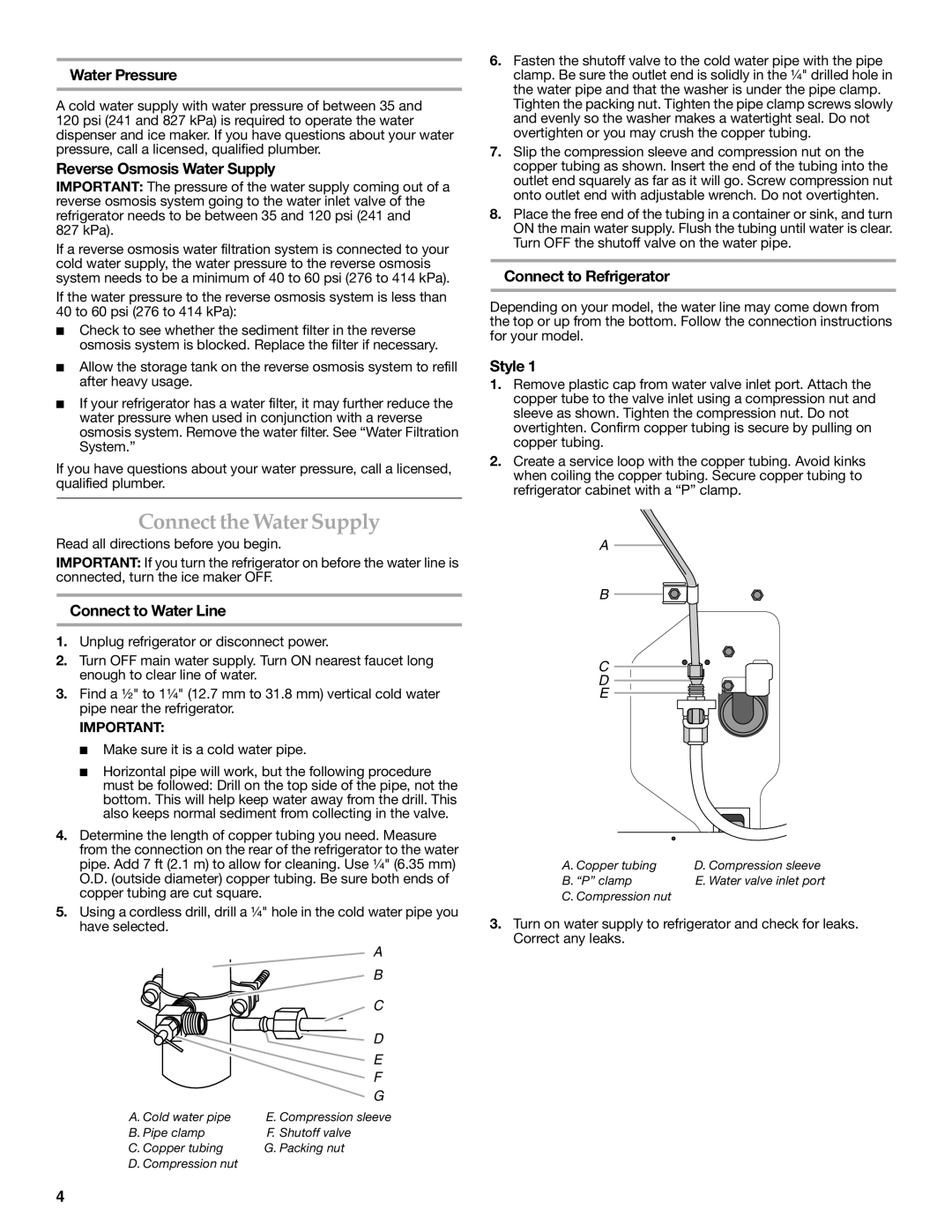 KitchenAid KBFL25EVMS installation instructions Connect the Water Supply 