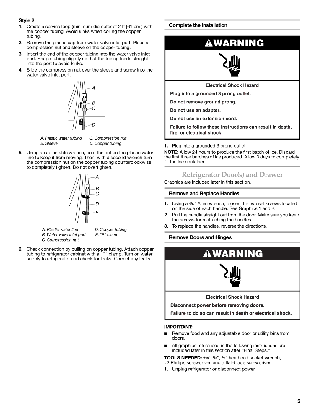 KitchenAid KBFL25EVMS Refrigerator Doors and Drawer, Complete the Installation, Remove and Replace Handles 