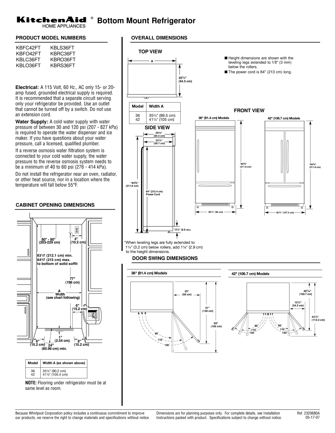 KitchenAid KBLC36FT, KBFO42FT, KBLO36FT, KBRC36FT, KBRO36FT, KBRS36FT, KBLS36FT, KBFC42FT dimensions Bottom Mount Refrigerator 