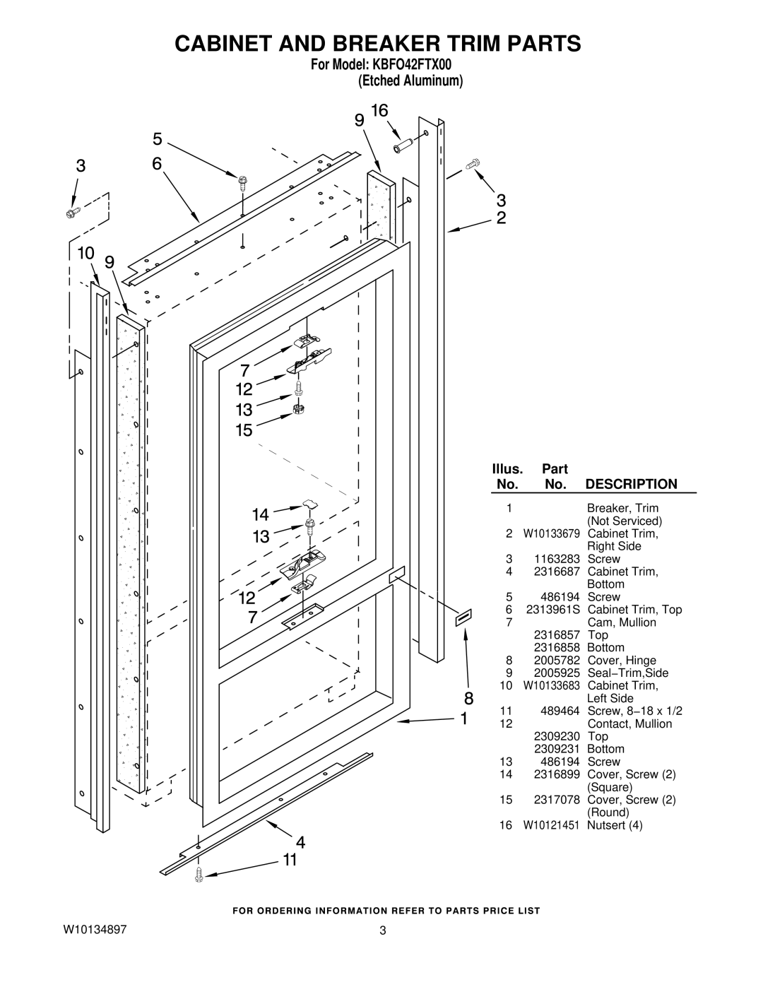 KitchenAid manual Cabinet and Breaker Trim Parts, For Model KBFO42FTX00 Etched Aluminum 