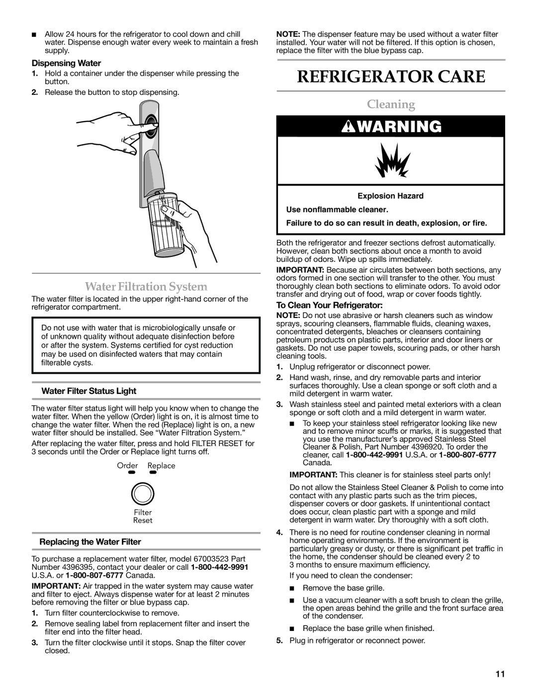 KitchenAid KBFS20ETBL installation instructions Refrigerator Care, Water Filtration System, Cleaning 