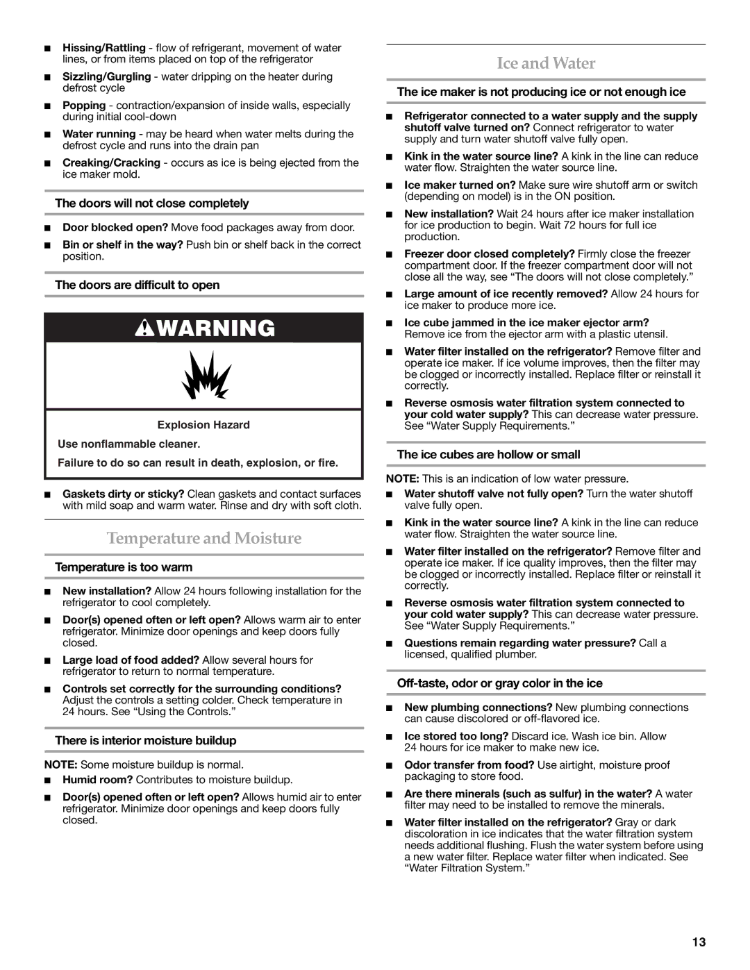 KitchenAid KBFS20ETBL installation instructions Temperature and Moisture, Ice and Water 