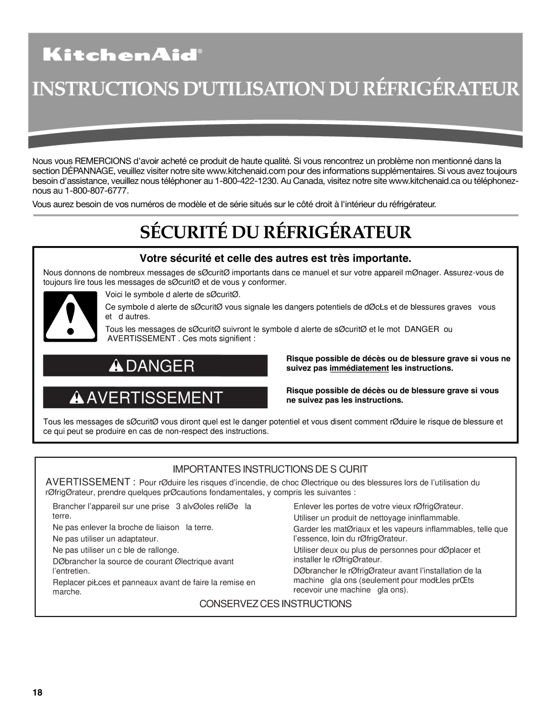 KitchenAid KBFS20ETBL installation instructions Instructions Dutilisation DU Réfrigérateur, Sécurité DU Réfrigérateur 