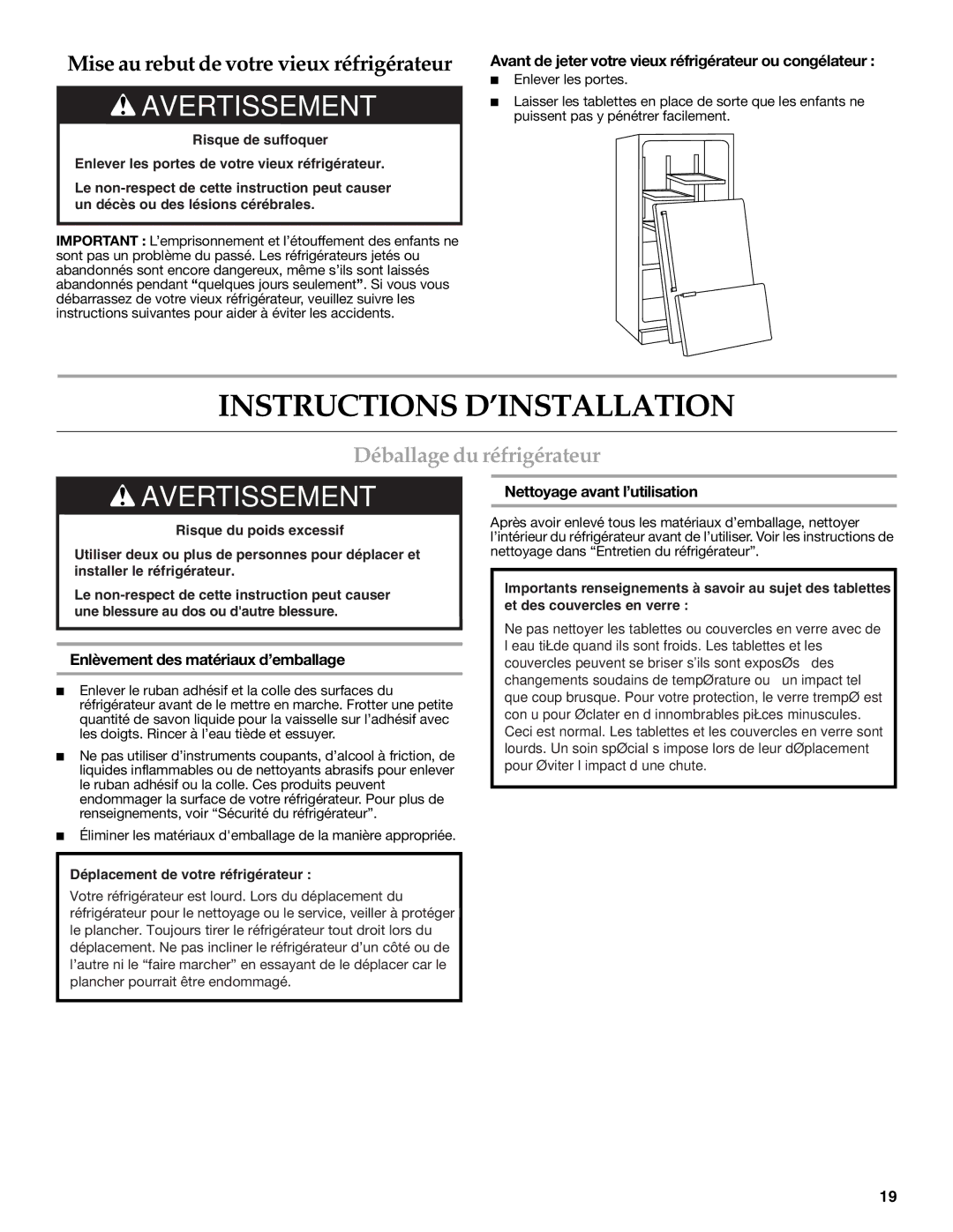 KitchenAid KBFS20ETBL Instructions D’INSTALLATION, Déballage du réfrigérateur, Enlèvement des matériaux d’emballage 