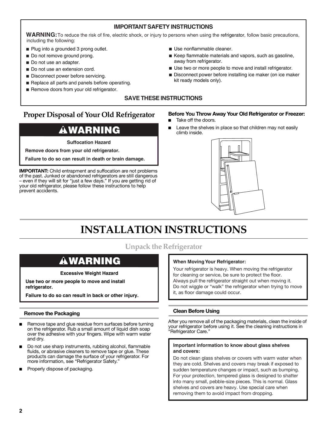 KitchenAid KBFS20ETBL Installation Instructions, Unpack the Refrigerator, Remove the Packaging, Clean Before Using 