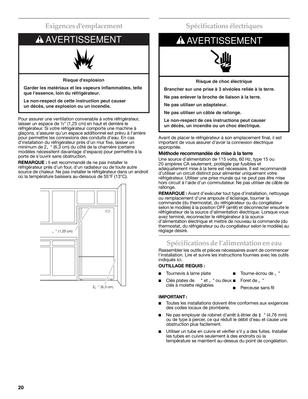 KitchenAid KBFS20ETBL Exigences demplacement, Spécifications électriques, Spécifications de l’alimentation en eau 