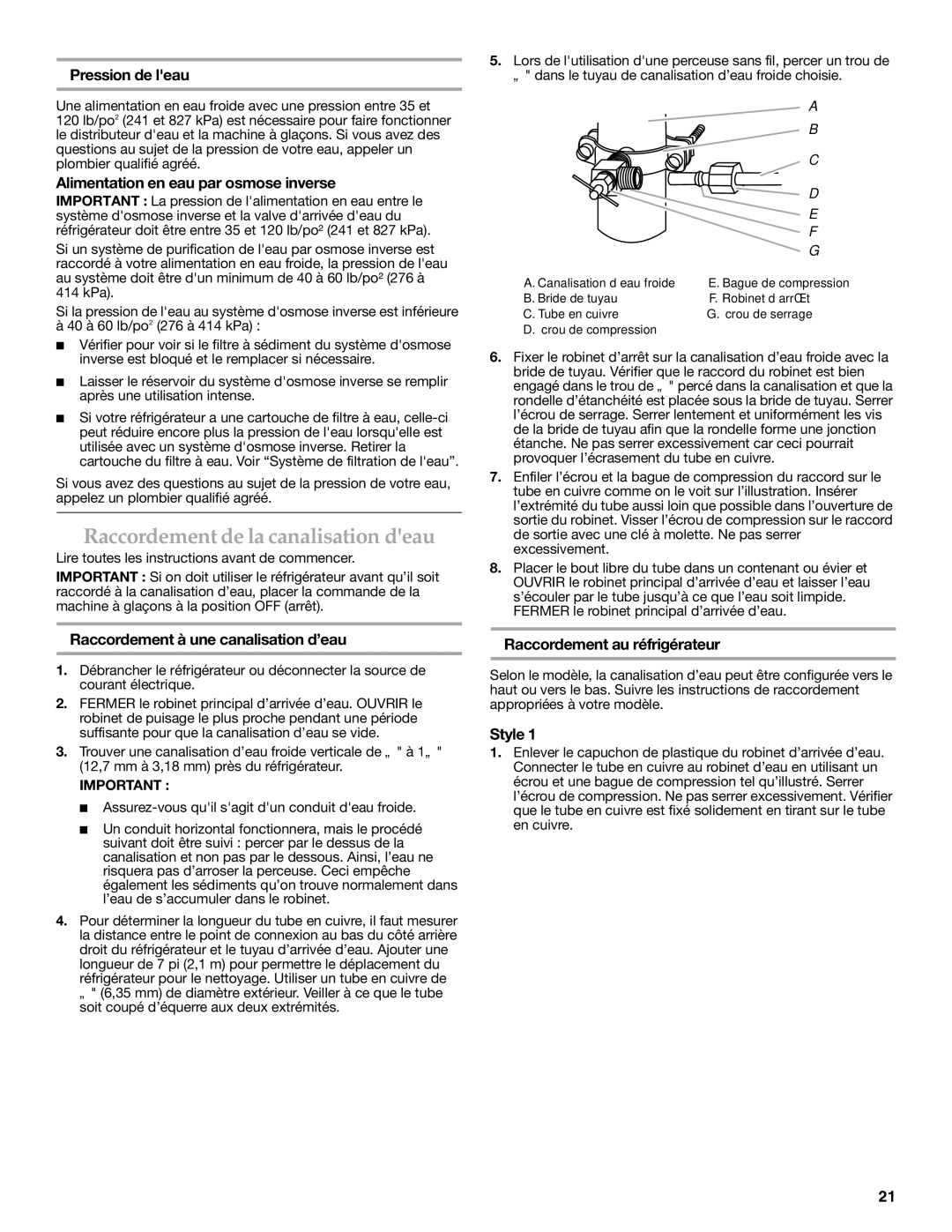 KitchenAid KBFS20ETBL Raccordement de la canalisation deau, Pression de leau, Alimentation en eau par osmose inverse 