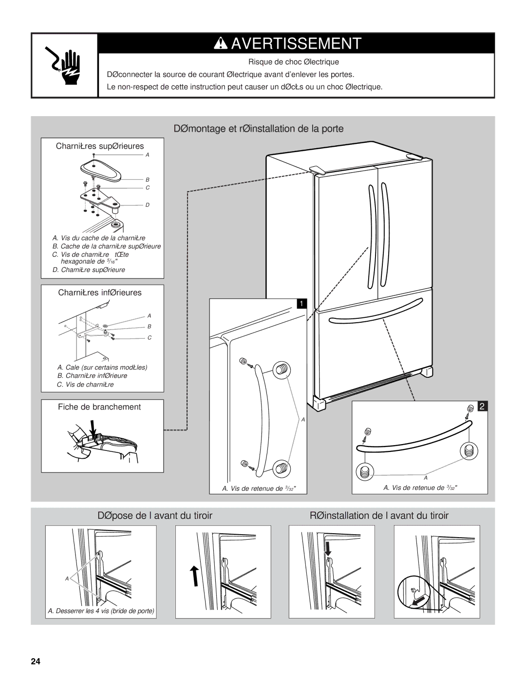 KitchenAid KBFS20ETBL installation instructions Démontage et réinstallation de la porte 