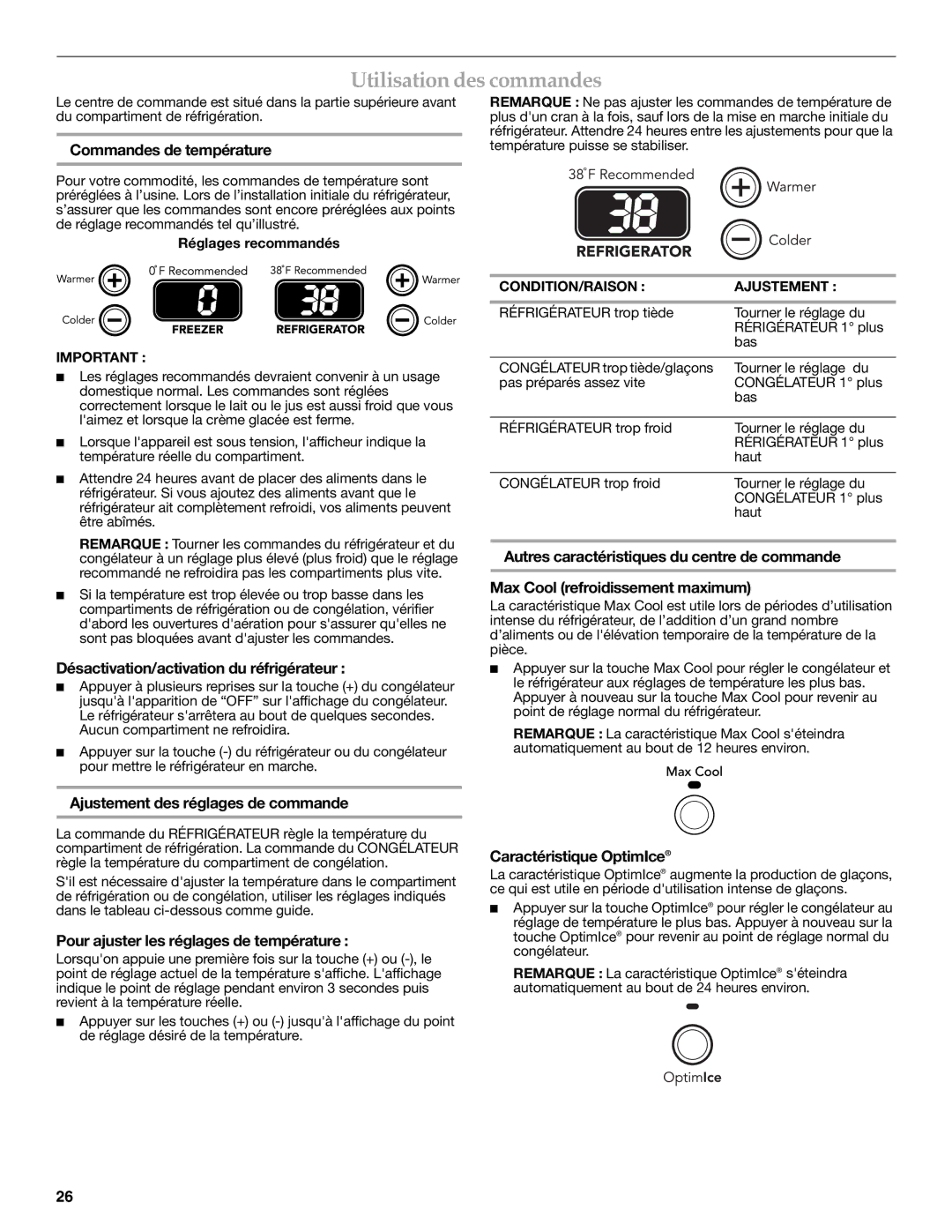 KitchenAid KBFS20ETBL installation instructions Utilisation des commandes 