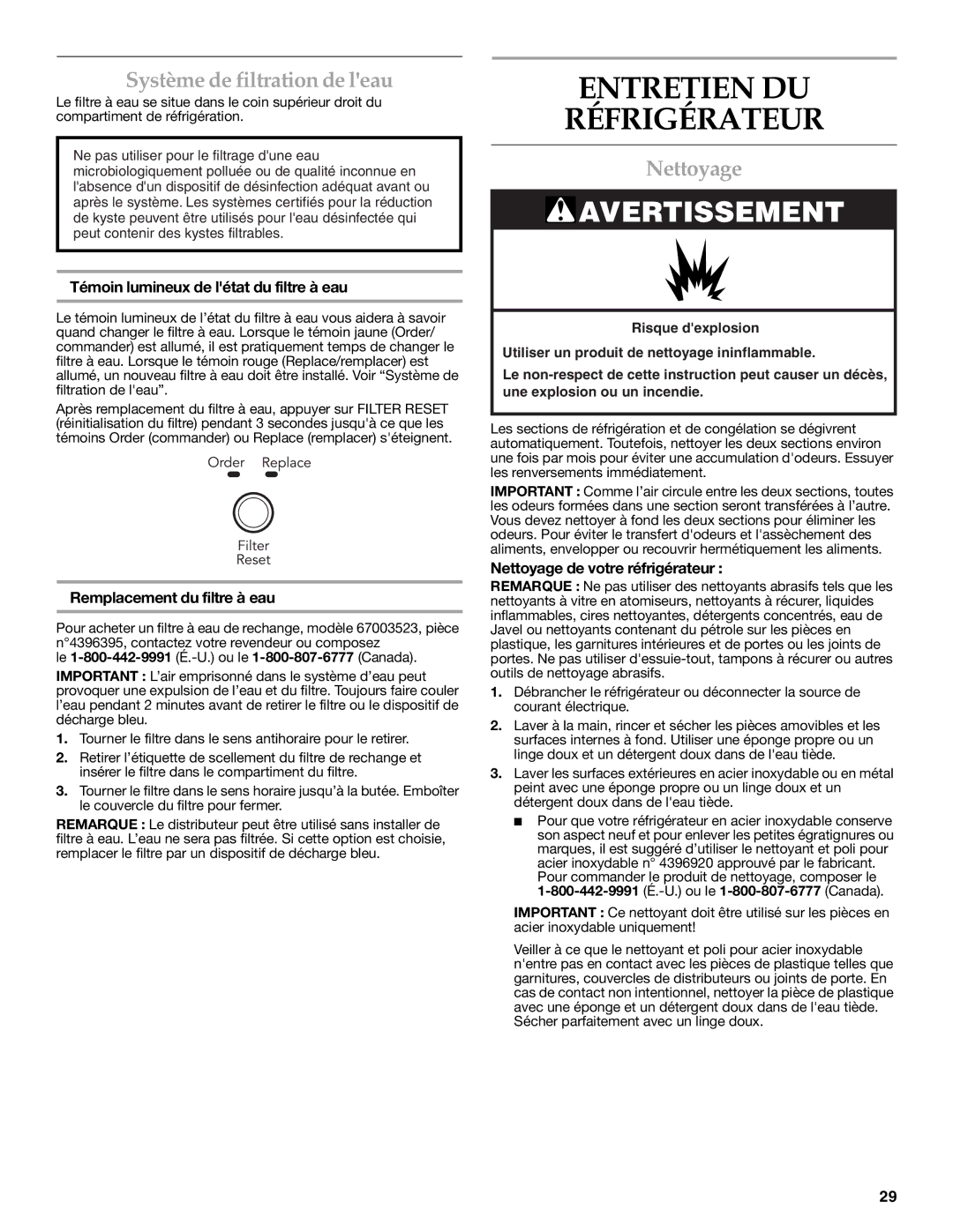 KitchenAid KBFS20ETBL installation instructions Entretien DU Réfrigérateur, Système de filtration de leau, Nettoyage 