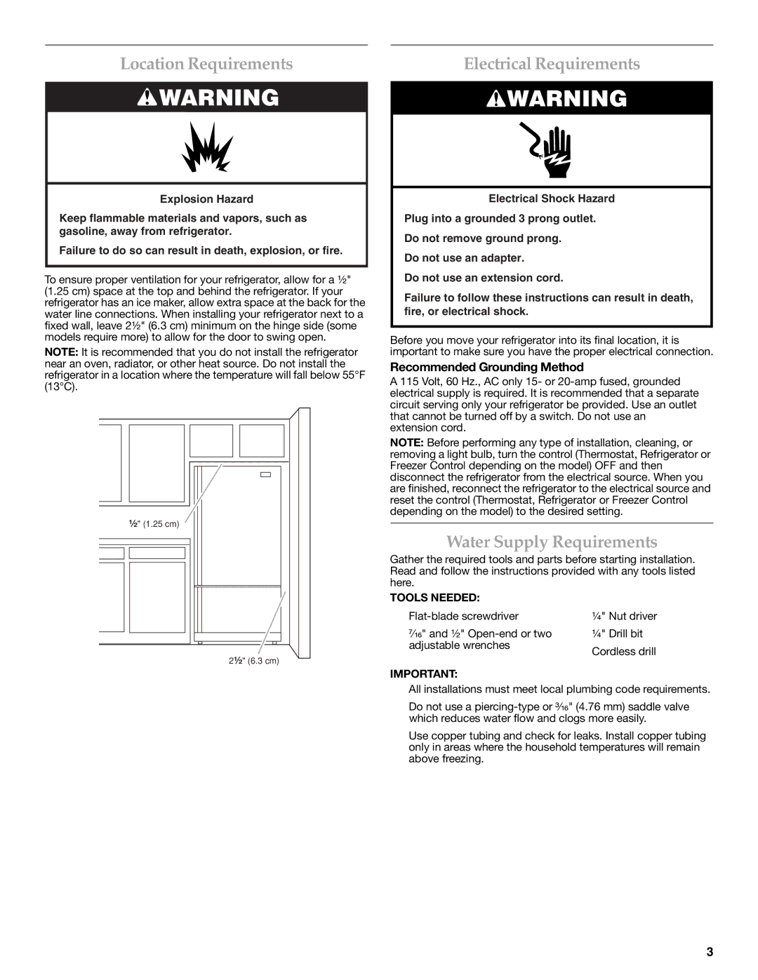 KitchenAid KBFS20ETBL Location Requirements, Electrical Requirements, Water Supply Requirements, Tools Needed 