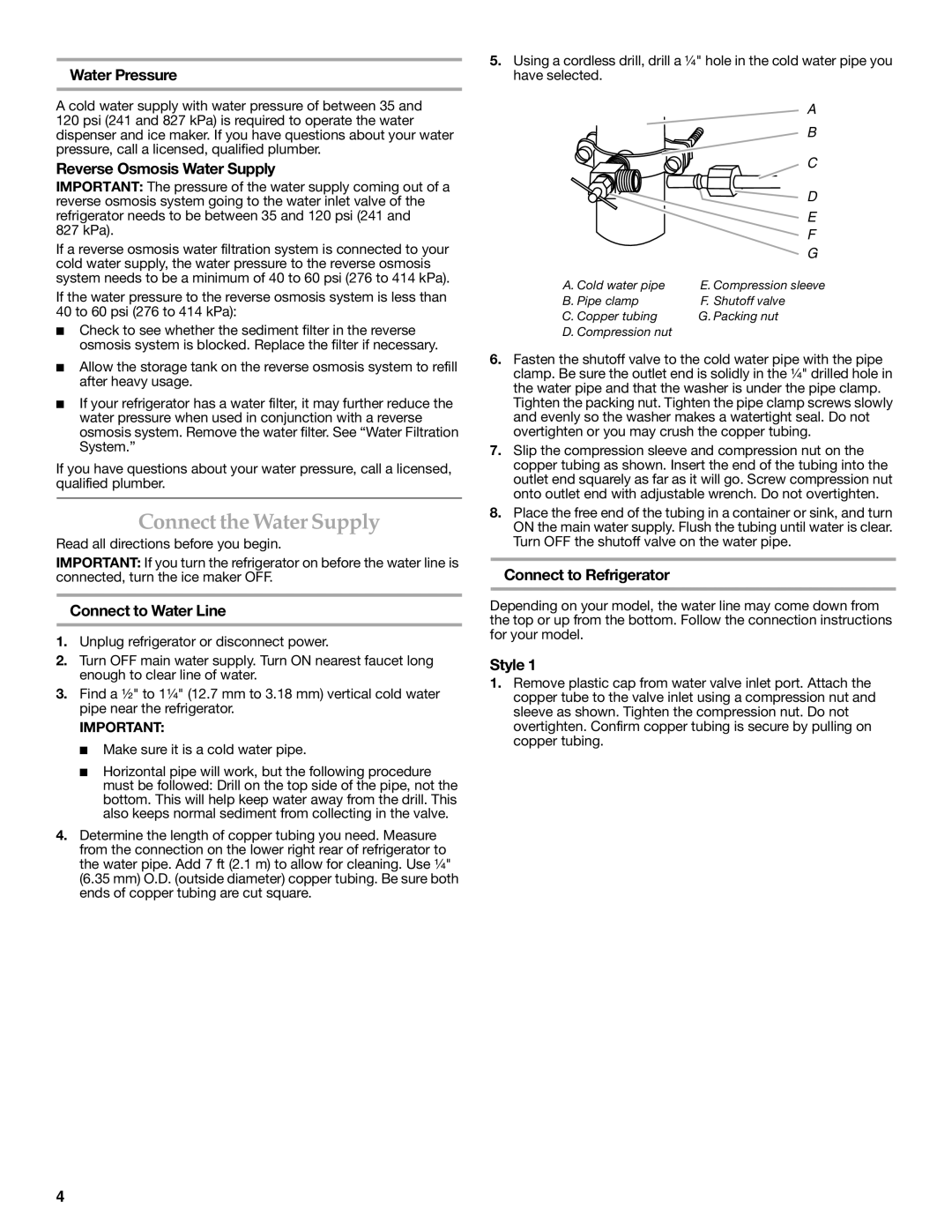 KitchenAid KBFS20ETBL installation instructions Connect the Water Supply 