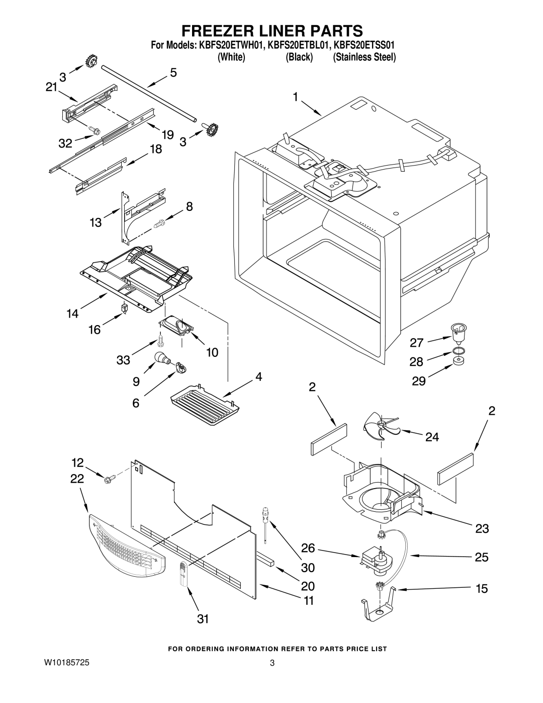 KitchenAid KBFS20ETBL01, KBFS20ETWH01, KBFS20ETSS01 manual Freezer Liner Parts 