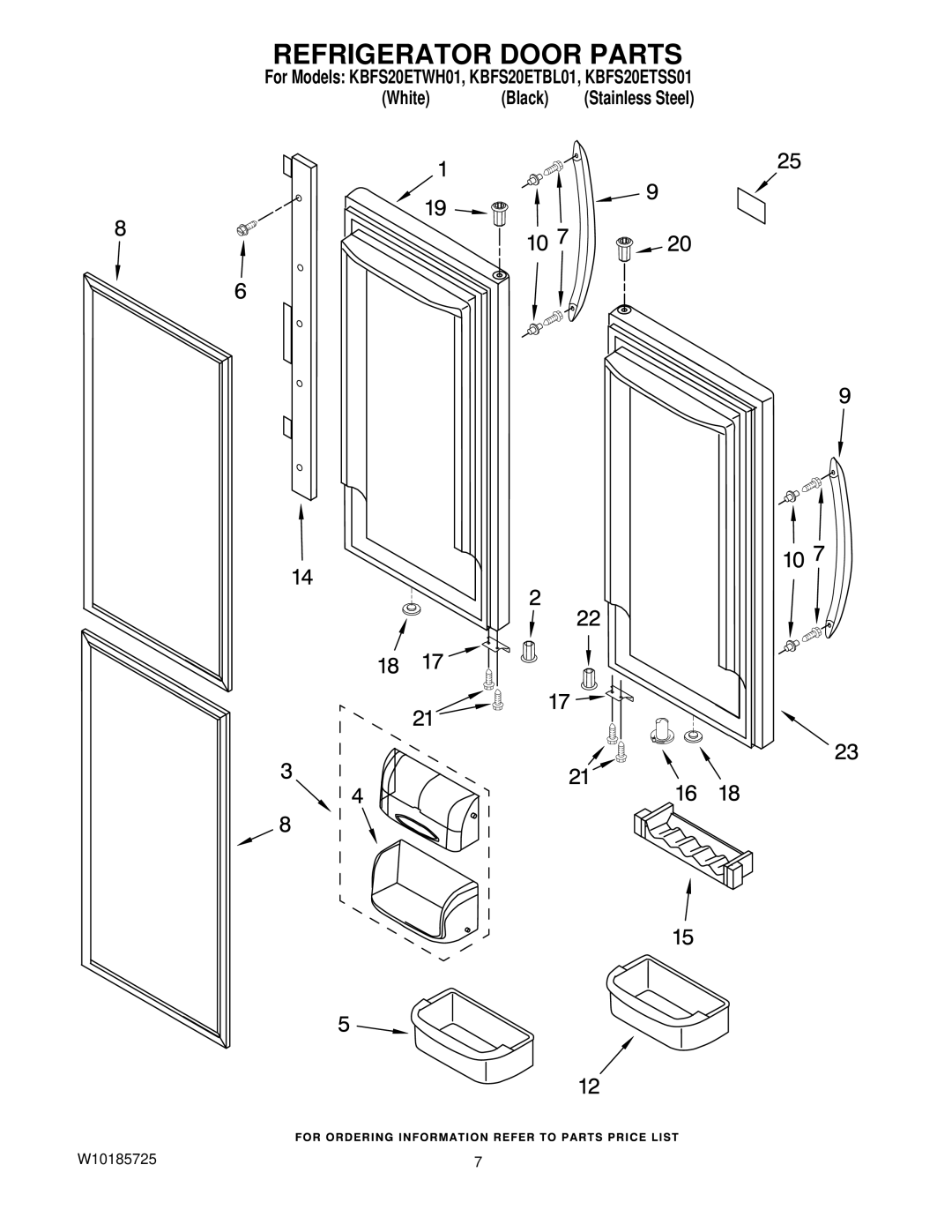 KitchenAid KBFS20ETWH01, KBFS20ETBL01, KBFS20ETSS01 manual Refrigerator Door Parts 