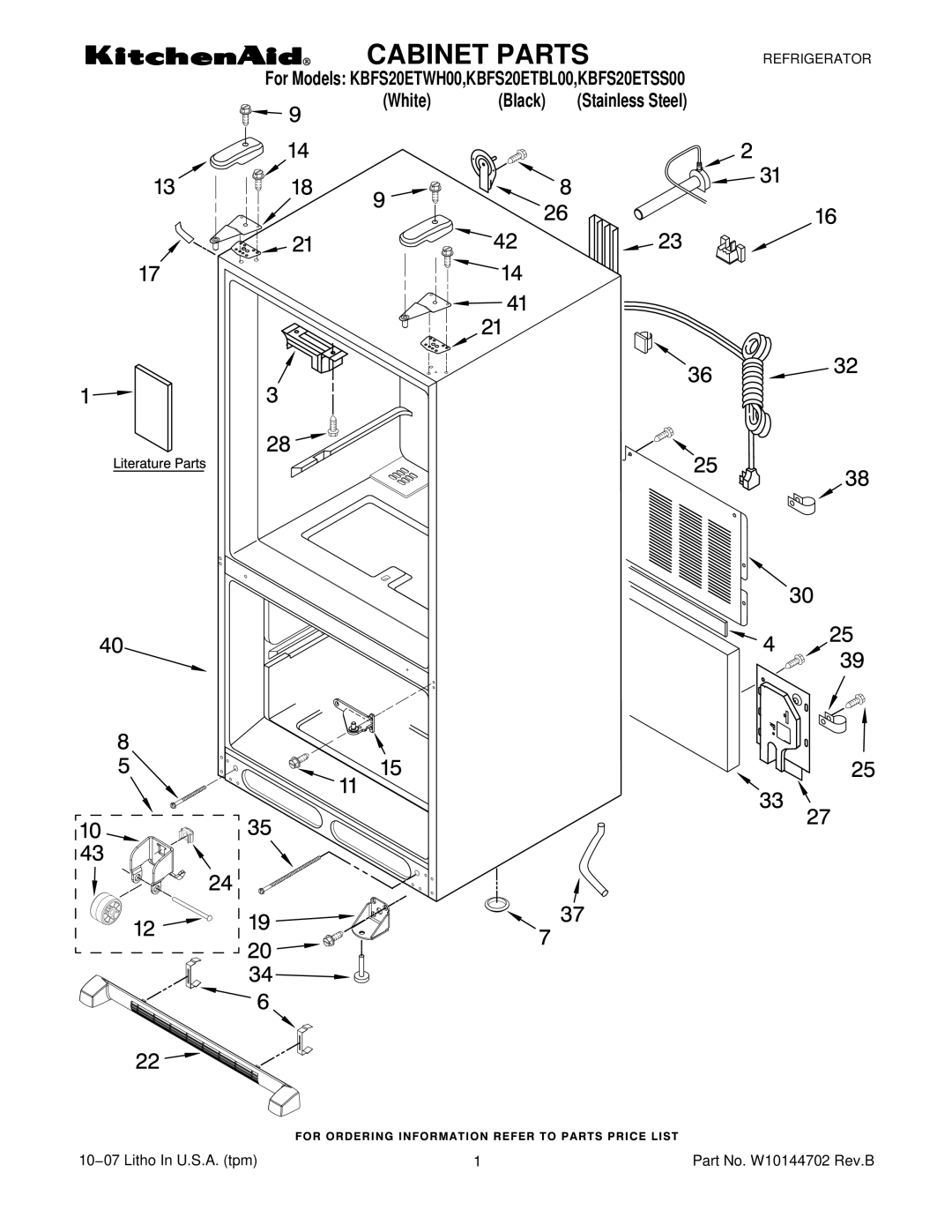 KitchenAid KBFS20ETWH00, KBFS20ETSS00, KBFS20ETBL00 manual Cabinet Parts 