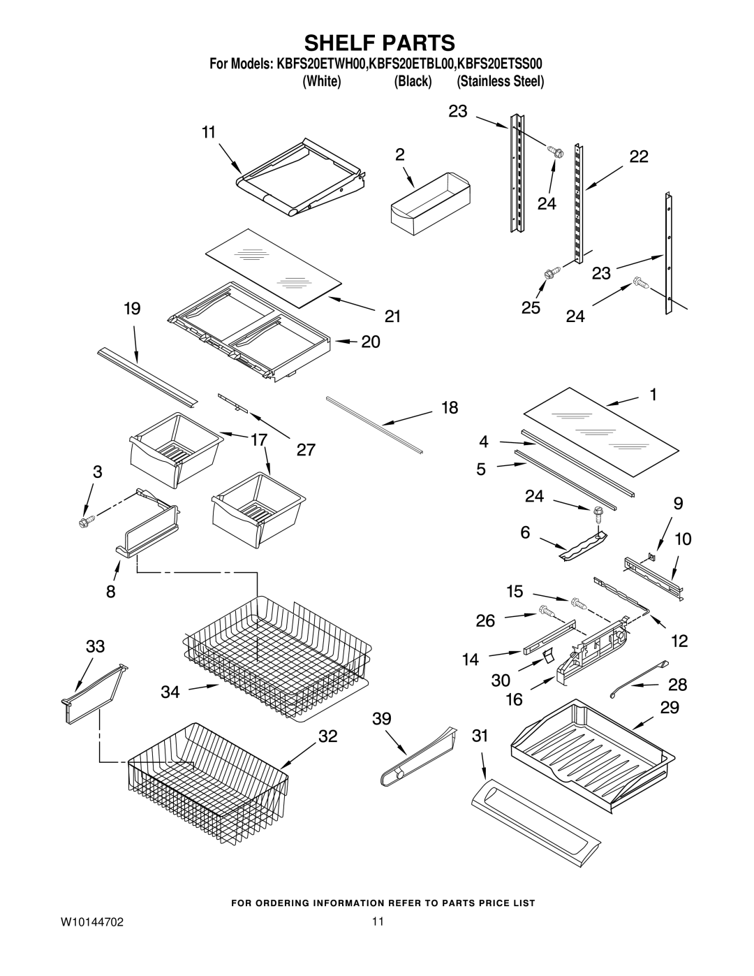 KitchenAid KBFS20ETBL00, KBFS20ETSS00, KBFS20ETWH00 manual Shelf Parts 