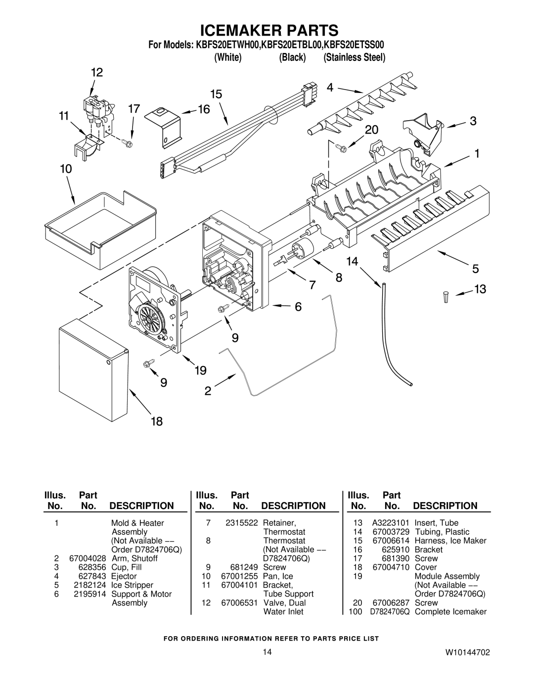 KitchenAid KBFS20ETBL00, KBFS20ETSS00, KBFS20ETWH00 manual Icemaker Parts 