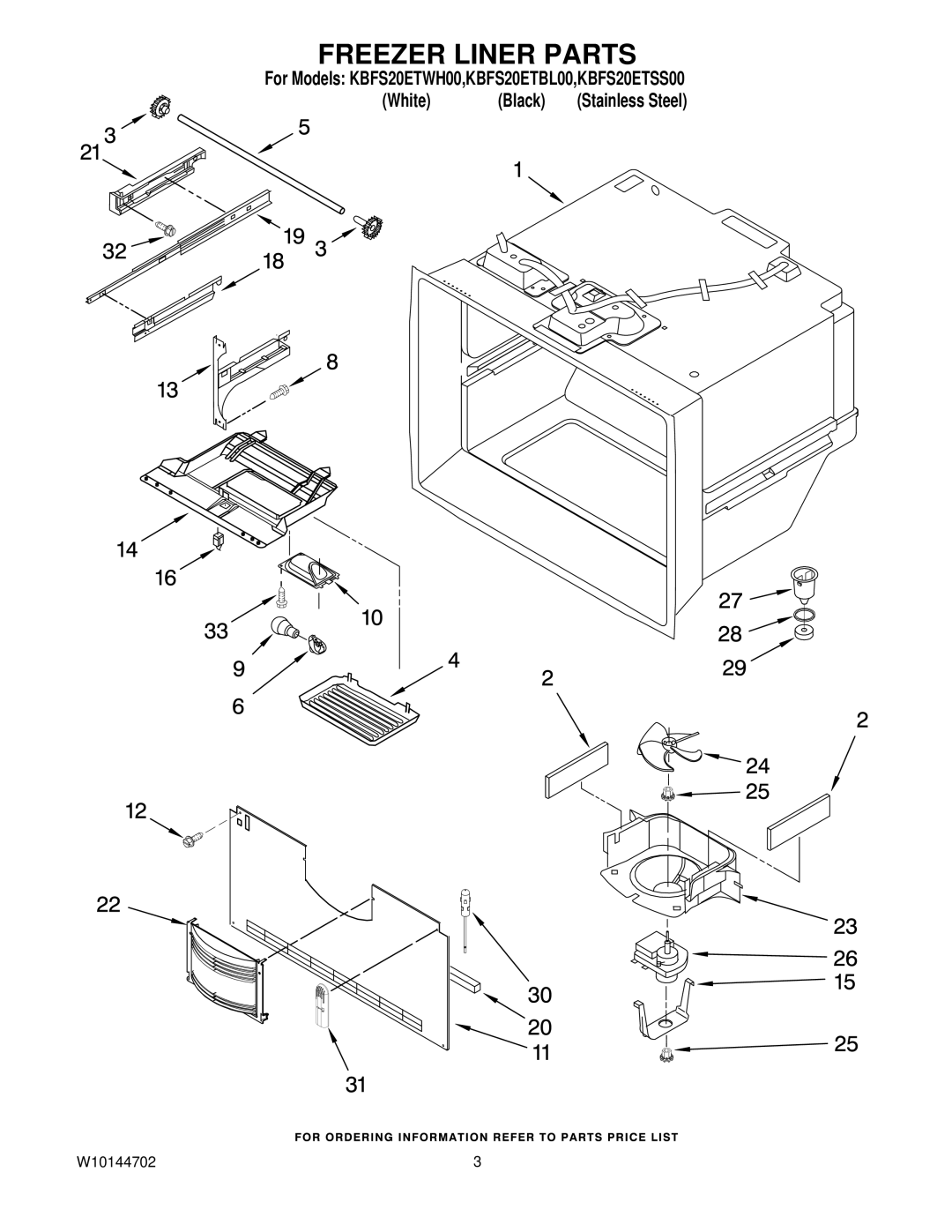 KitchenAid KBFS20ETSS00, KBFS20ETWH00, KBFS20ETBL00 manual Freezer Liner Parts 