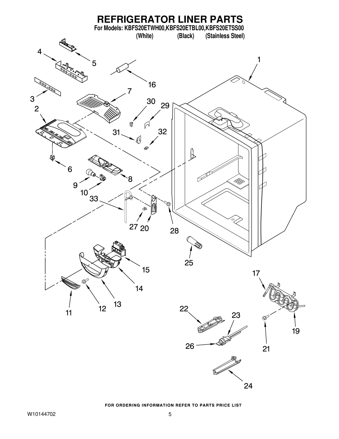 KitchenAid KBFS20ETBL00, KBFS20ETSS00, KBFS20ETWH00 manual Refrigerator Liner Parts 