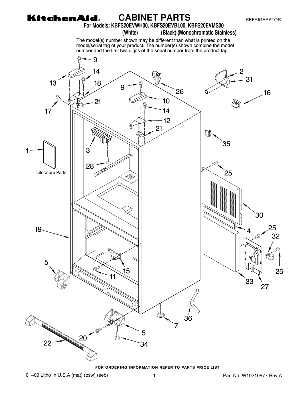 KitchenAid KBFS20EVBL00, KBFS20EVMS00, KBFS20EVWH00 manual Cabinet Parts 