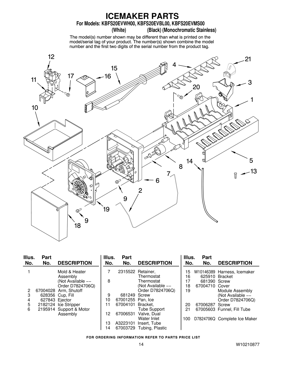 KitchenAid KBFS20EVWH00, KBFS20EVMS00, KBFS20EVBL00 manual Icemaker Parts 