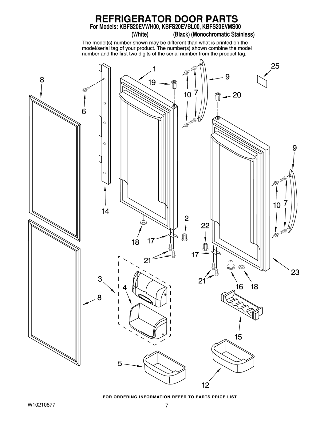 KitchenAid KBFS20EVBL00, KBFS20EVMS00, KBFS20EVWH00 manual Refrigerator Door Parts 