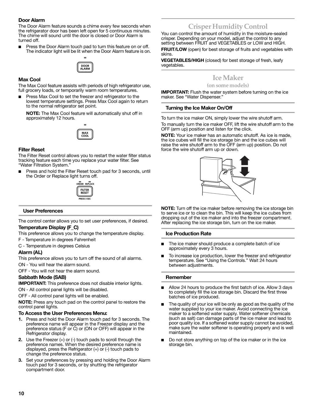 KitchenAid KBFS20EVMS, KBFS22EWMS, KBFS25EWMS installation instructions Crisper Humidity Control, Ice Maker 