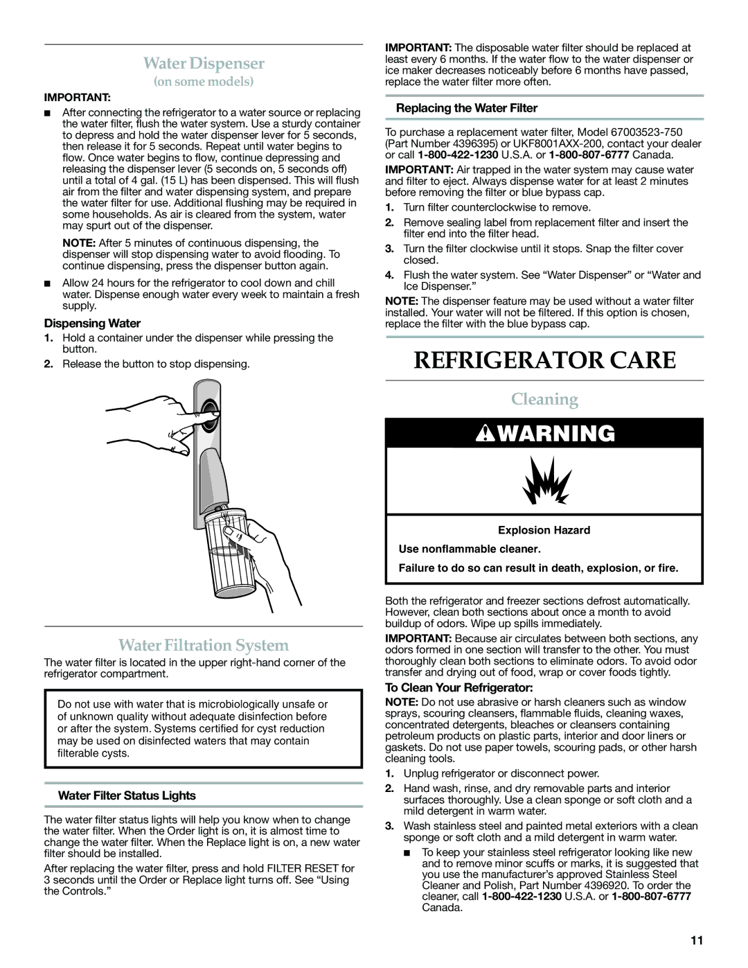 KitchenAid KBFS25EWMS, KBFS22EWMS, KBFS20EVMS Refrigerator Care, Water Dispenser, Water Filtration System, Cleaning 